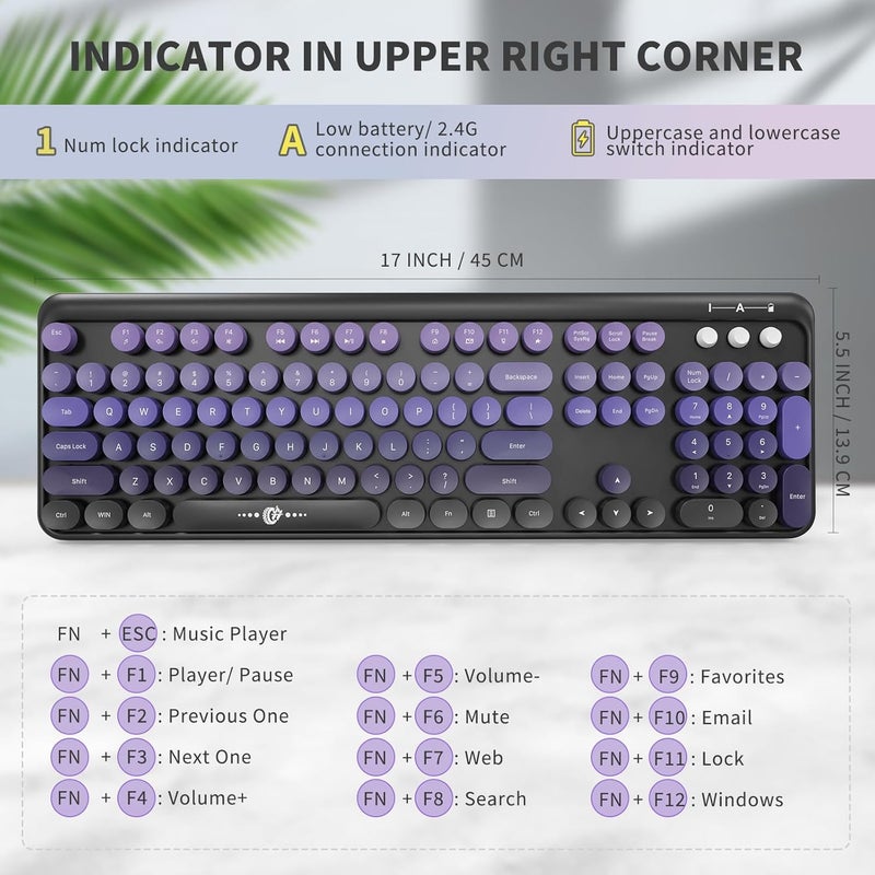 FD Wireless Keyboard and Mouse Combo | Cute Colorful Keyboard and Mouse with 2.4GHz Cordless Retro Typewriter Keyboard | Auto-Sleep | USB Receiver for Windows PC/Laptop - Black Purple Gradient - Image 3